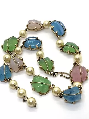 Vintage Unsigned Schiaparelli Gripoix Pink Blue & Green Glass  Choker Necklace • $10.50