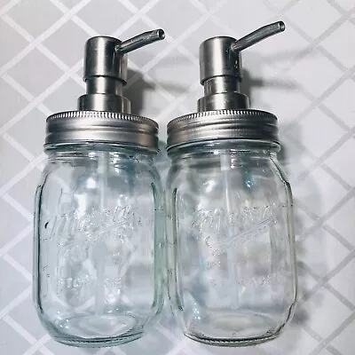 PAIR Of MASON JAR SOAP DISPENSER PUMP With JARS ~ STAINLESS STEEL PINT 480ml • $8.99