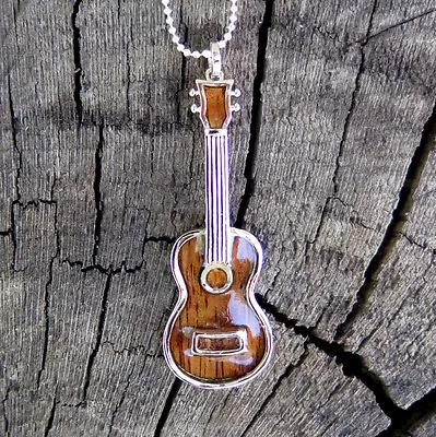 $22.79 • Buy Hawaiian Jewelry Koa Wood Ukulele Rhodium Plated Brass Slide Pendant BRP1124 