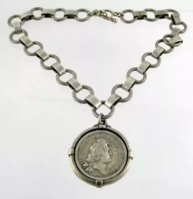 Vintage French Kande Coin Pendant Necklace Gray Tone Metal 16 Inch Length • $84.88