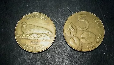Pair Of FINLAND 5 Markaa Mark (SUOMI) 1.00  COINS (Seal And Fly) Circulated • $6.88