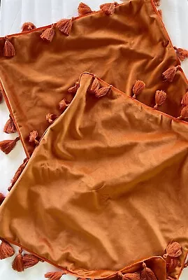 Burnt Orange Velour W/ Tassels Border Throw Pillow Case Lot Of 2 Square 17”x17” • $16