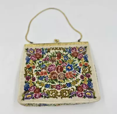 Vintage Petit Point Purse / Hand Bag Floral Gold Frame & Strap • $13