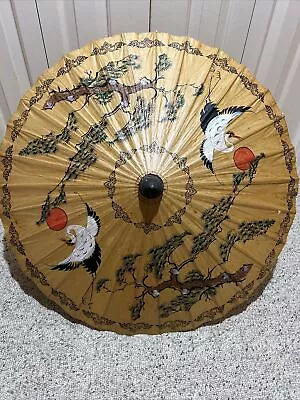 Vtg Rice Paper Parasol Bamboo Umbrella Japan Japanese Hand Painted Cranes Birds • $20