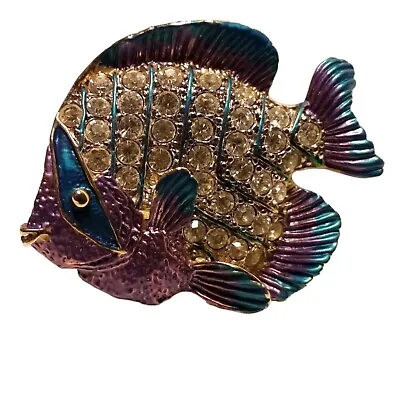 Fish Brooch Crystal Rhinestone Enamel Pin Vintage Costume Jewelry Fishing Gift • $14.50