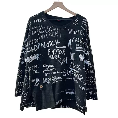 MME Rouge Paris Tunic Top Art To Wear Lagenlook Black White Graffiti XL Textured • $34.95