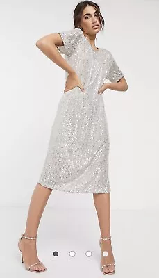 $49.95 • Buy BNWOT ASOS DESIGN Sequin Midi Dress With Open Back Silver Size 16