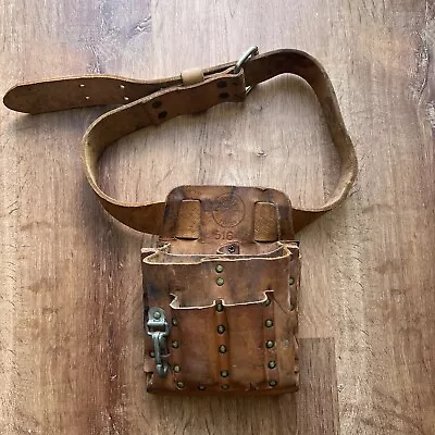 Vintage Klein Tools 5164 8 Pocket Leather Slotted Tool Pouch W/ #5415 Belt • $60