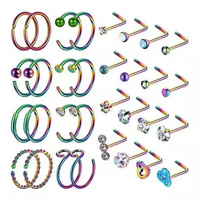 32PCS/LOT Rainbow Nose Hoop Rings And L Shaped Nose Pin Studs Ear Lip Rings Set • $11.99