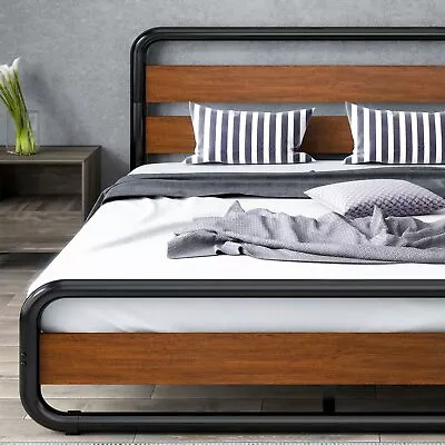 King Size Heavy Duty Metal Bed Frame With Wooden Headboard & FootboardWalnut • $191.99