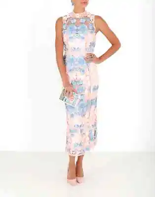 $795 NEW Marchesa Notte Mock Neck Embroidered Midi Dress Blush Floral Blue 2 • $435