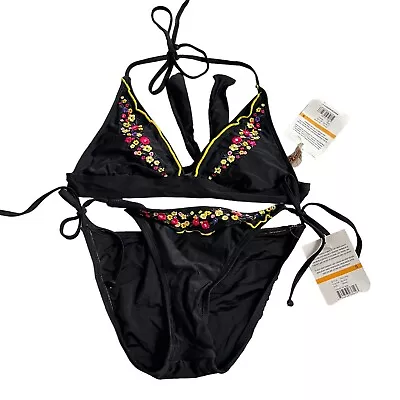 Hobie Bikini Set Swimsuit Small Black Embroidered Flowers Halter Triangle Swim • $24.99