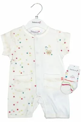 Baby Boys Girls Babaluno Cream Multi Star 2 Piece Cotton Romper And Socks Sets • £9.99