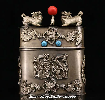 4.3  Qing Dynasty Silver Fengshui Dragon Beast Phoenix Bird Storage Tea Box • $55