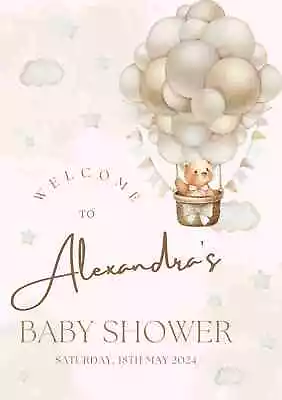 DIGITAL A1 Custom Personalised Baby Shower WELCOME SIGN Teddy Bear Gold Balloon • £3.09