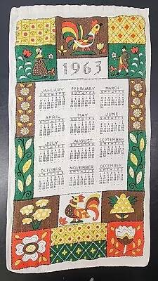 Vtg 1963 Linen Calendar Tea Towel 27  X 15  Folk Art Rooster Floral  • $12