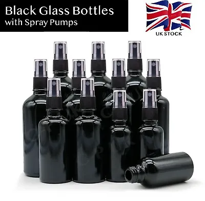 Black Glass Bottle With Black Mist Spray Pump Atomiser Aromatherapy Oils Liquid • £3.45