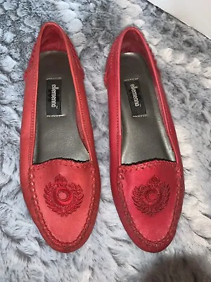 Vintage Ellemenno Red Leather Flats Embroidered Crest On The Toe  Size 6 M • $24