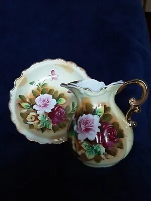 Vintage 6   Floral Pitcher And Bowl Set - L-319 Pink Red Roses With Green Leaves • $24.99