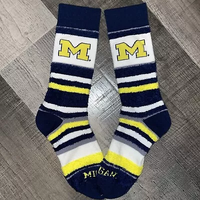Michigan Wolverines Ncaa College Logo Womens Pro Stripe Blue Fuzzy Socks • $9.39