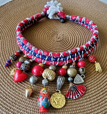 Artisan Cross-Ethnic Fabric Choker W Charm Wooden Beads Matryoshka Astro Signs • $6