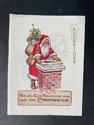 Vintage Greeting Card Father Christmas At Chimney With Sack Of Toys • £3