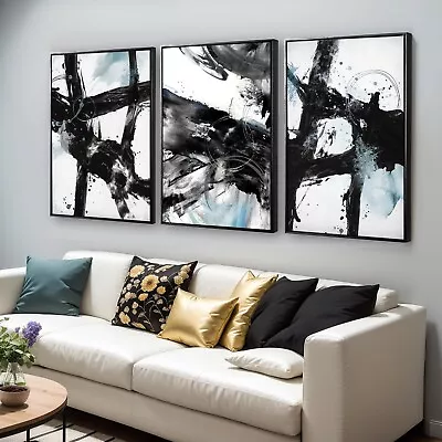 Wall Art 3 Pieces Of Framed Decorative Paintings Black And White Abstract Wal... • $155.48