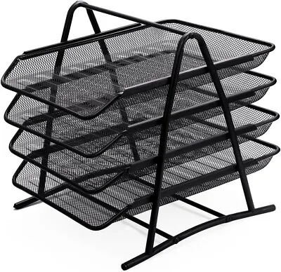 Desk Trays 4 Tier - Black Mesh Desk Tidy Orgnaiser - Perfect Desk Tray For File • £10.99