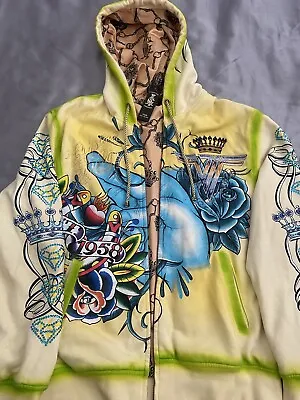 Christian Audigier Rare Vintage Ed Hardy Los Angeles Green Zipper Hoodie NEW • £115