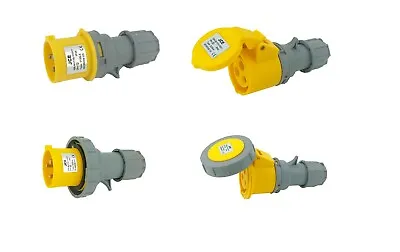 JCE 16A + 32A 110V Yellow 3 Pin Industrial Site Plugs Sockets Couplers IP67 IP44 • £3.25