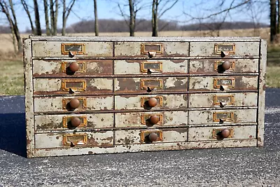 Antique Apothecary Cabinet Metal File Box Industrial Brass Drawer Pulls Tool Box • $487.50