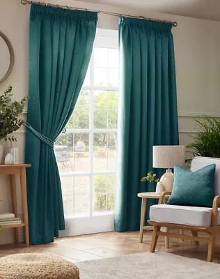 Teal Madison Dobby Fabric Squares Lined Tape Top Pencil Pleat Curtains Pair • £41.99