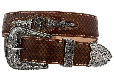 Western Cowboy Belt Ranger Concho Genuine Leather Rodeo Silver Buckle Cognac • $39.99