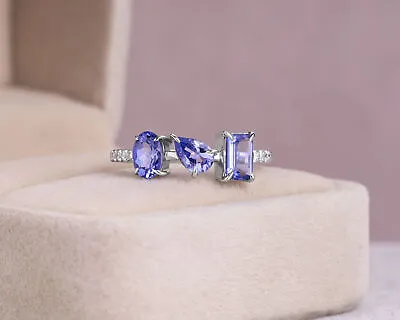 1.75 Ct Violetish Blue Tanzanite Ring Natural Diamond 14k White Gold E-G/VS2-SI2 • £648.91