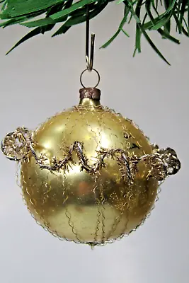 Vintage Blown Glass Krinkle Wire Gold BALL Christmas Ornament Germany • $18