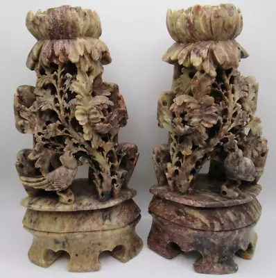 Two Vintage Asian Oriental Intricately Hand Carved Soapstone Candlestick Holders • $59.99