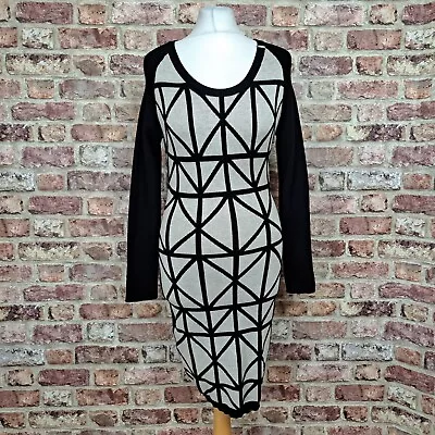 MISS SIXTY Jumper Dress Medium Black Beige Knit Long Sleeve Wool Geometric • £20