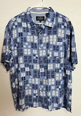 Nat Nast Mens Blue Button Up Shirt XL  Geometric Silk Blend Short Sleeve G2 • $3.99