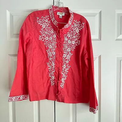 Talbots Embroidered Tunic Blouse L Cotton Coral White Button Up Mandarin Collar • $15