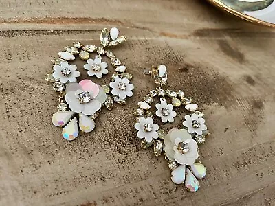 J Crew Iridescent Crystal  Beaded Sequin Floral Drop White Statement Earrings 🌸 • $48.99