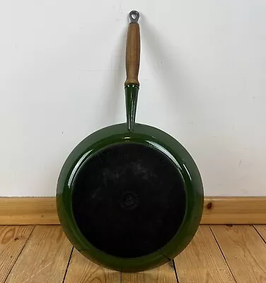 Le Creuset Long Wooden Handled Frying Pan Skillet Cast Iron Enamel Green 29cm • £50