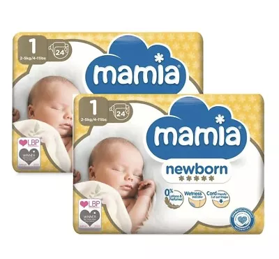 2 Pack Of Mamia Newborn 24 Premium Nappies Size 1 Dry Fast Technology • £6.20