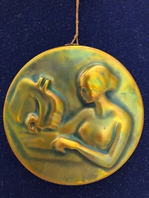 $100 • Buy Zsolnay Eosin RARE Tile / Plaque Relief Sculpture Of Woman At Sewing Machine