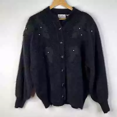 Vintage San Angelo 80% Angora Button Cardigan Sweater Large Black Balloon Sleeve • $45