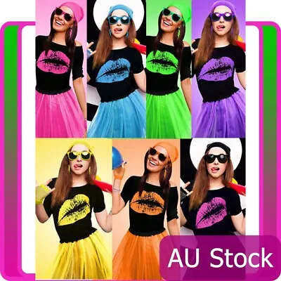 Ladies 80s Costume Set 1980s Party T-shirt Skirt Girls Fancy Dress Accessories  • $44.64