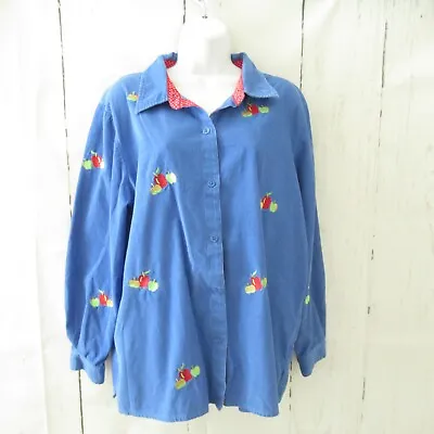 Quacker Factory Top XL Blue Corduroy Apple Embroidered Teacher Button Up • $16.99