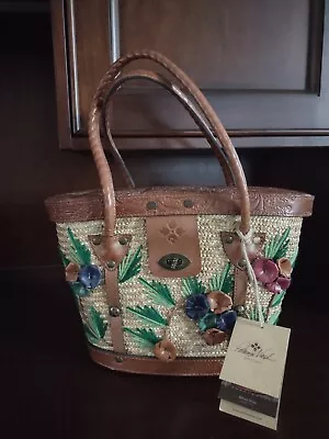 Patricia Nash Levanzo Straw Floral Bag Vintage-Style Satchel Tote Tooled Leather • $179.99