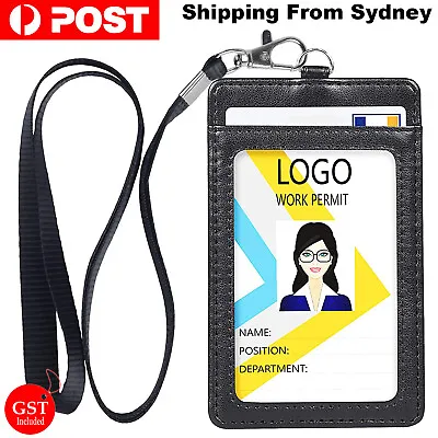 Leather ID Badge Lanyard Holder Vertical Double Card Wallet PU Office Bus Card • $5.95