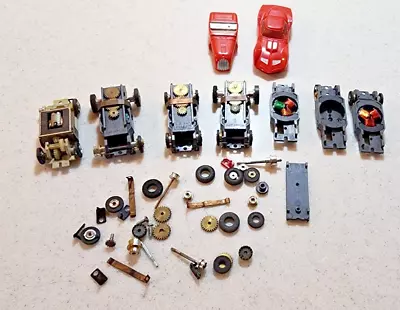 Vintage 6 Aurora & 1 Eldon HO Slot Car Chassis & Parts With 2 T-Jet Car Bodies • $36