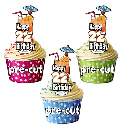 22nd Birthday Cocktail Glass - Precut Edible Cupcake Toppers Cake Decorations • £3.75